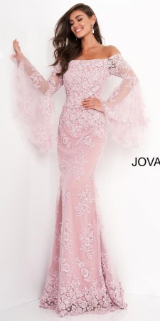 Jovani 02570 Floral Sheer Bell Sleeve Gown