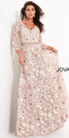 Jovani 04451 Sheer Floral Quarter Sleeve Gown