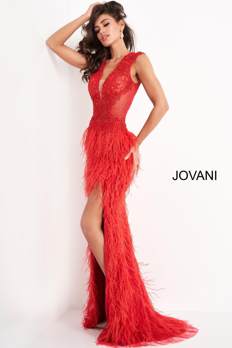 Jovani 06446 High Slit Feather Prom Dress