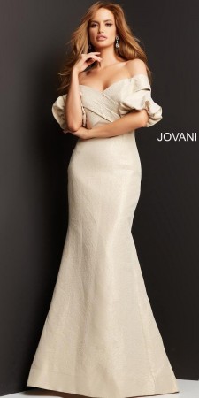 Jovani 06831 Off Shoulder Bubble Sleeve Gown