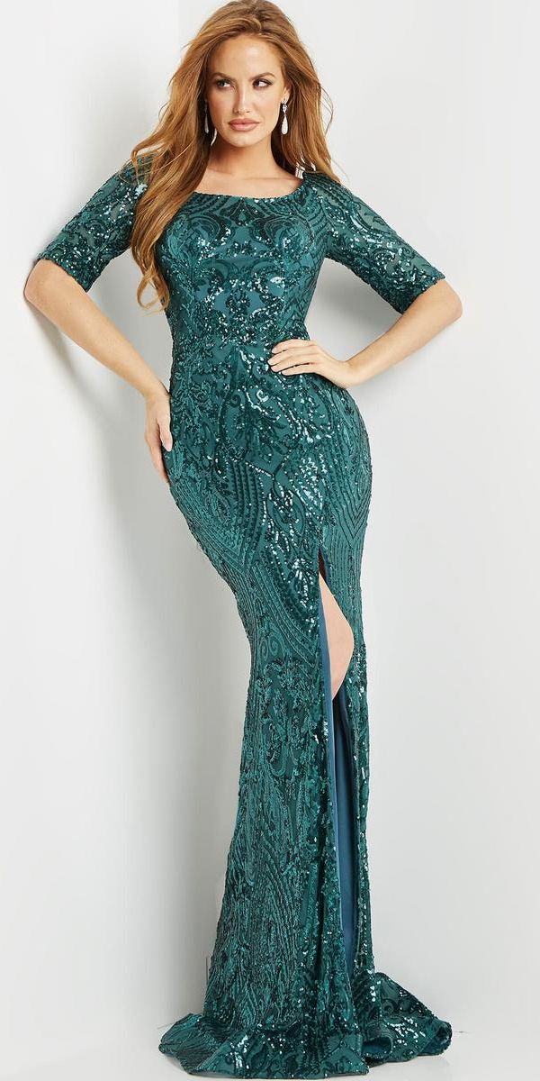 French Novelty Jovani 08049 Elbow Sleeve Sequin Gown