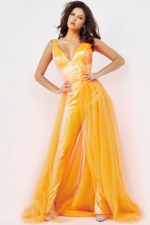 Jovani 08151 Iridescent Jumpsuit with Overskirt