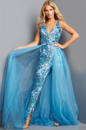 Jovani 08461 Shimmering Floral Jumpsuit with Overskirt
