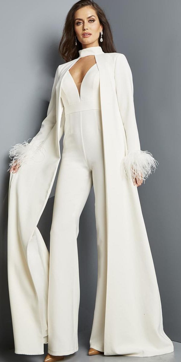 French Novelty: Jovani 09479 Jumpsuit with Feather Long