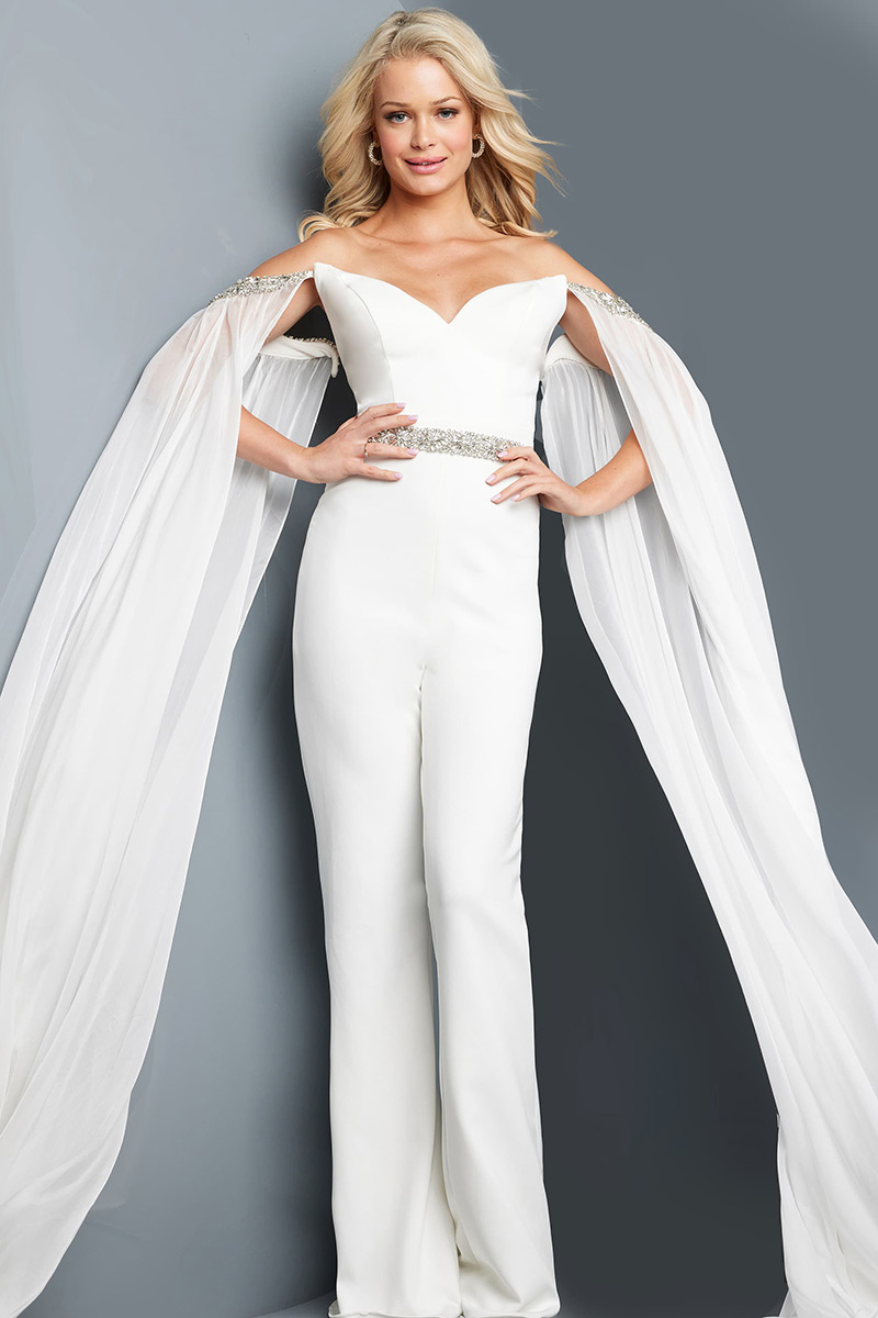 French Novelty: Jovani 09790 Off Shoulder Jumpsuit with Long Cape Sleeves