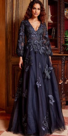 Jovani 09943 Floral Beaded Long Sleeve Gown