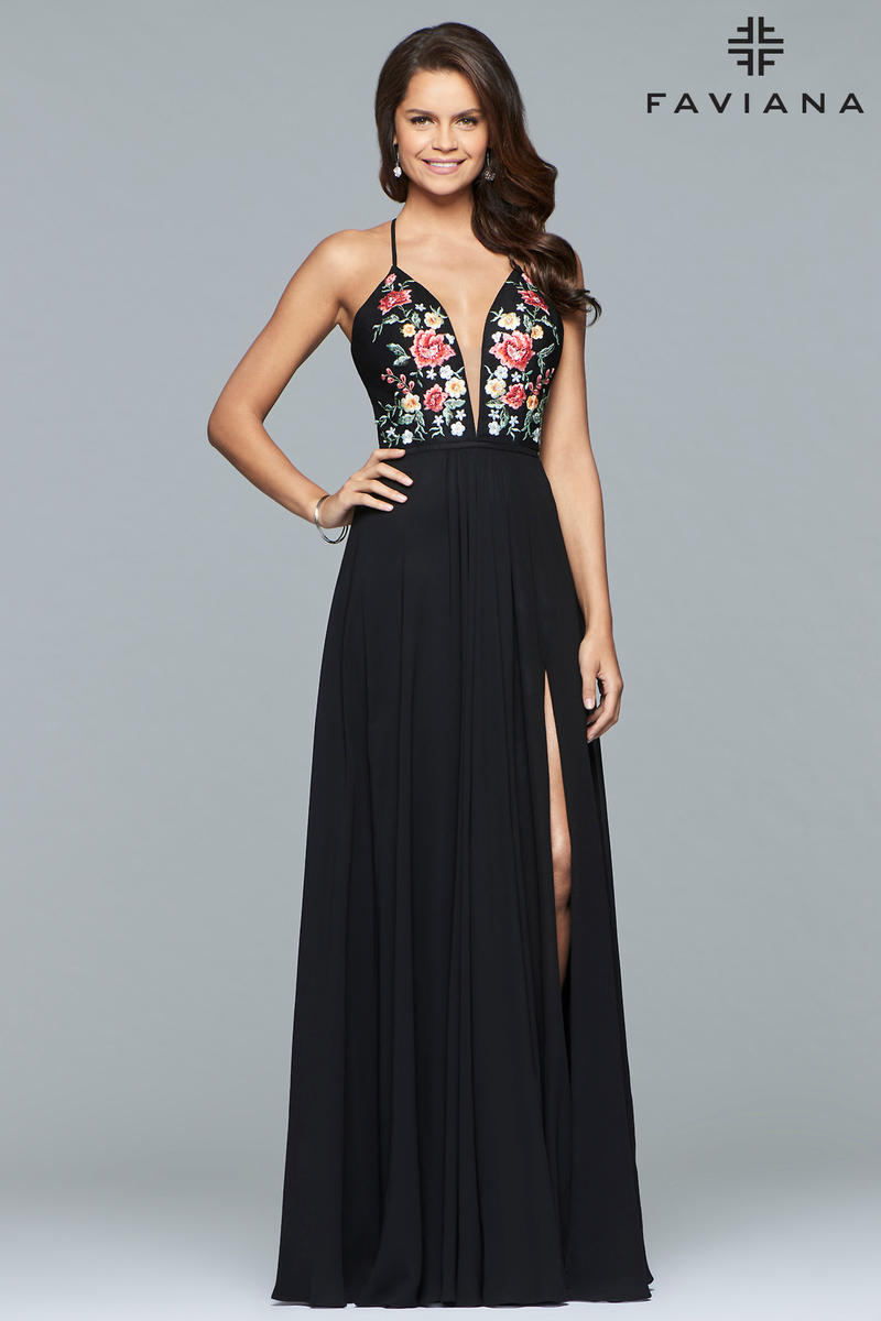 French Novelty: Faviana 10000 Deep V Floral Top Prom Gown