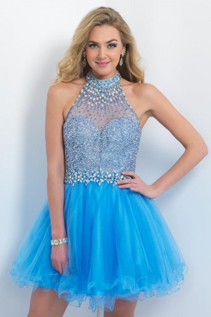 Blush 10060 Hi Neck Halter Short Beaded Dress