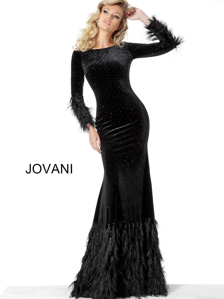 French Novelty: Jovani 1085 Long Sleeve Gown with Feathers