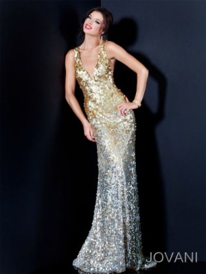 Jovani Ombre Sequin Deep V Fitted Gown 11002