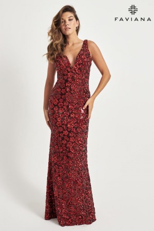 Faviana 11038 V Neck Floral Sequin Prom Dress