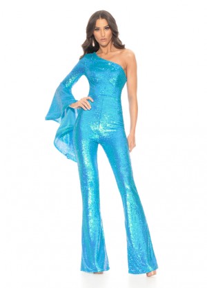 Size 8 Neon Blue Ashley Lauren 11047 One Long Bell Sleeve Sequin Jumpsuit