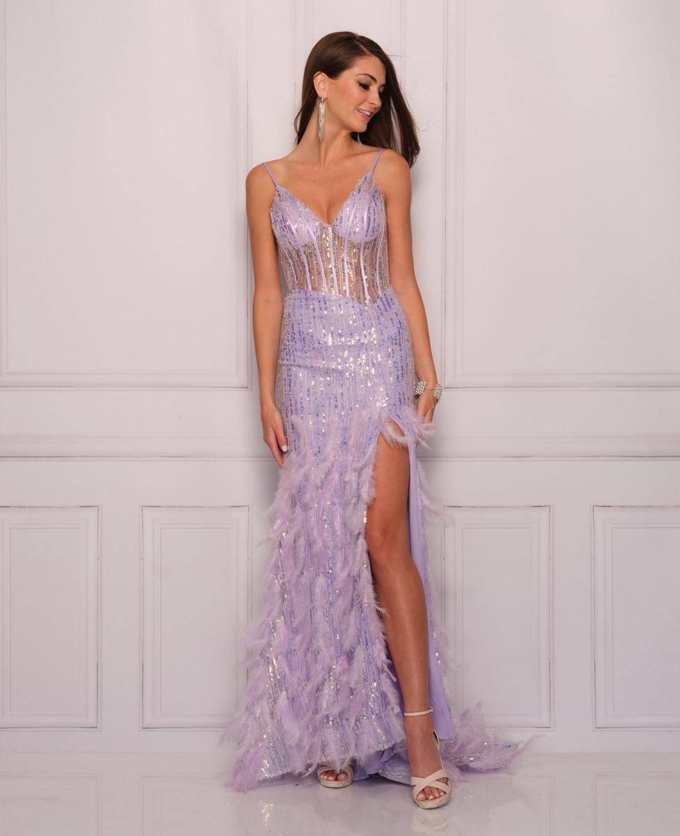 Dave and Johnny 11088 Sheer Corset Gown with Feathers