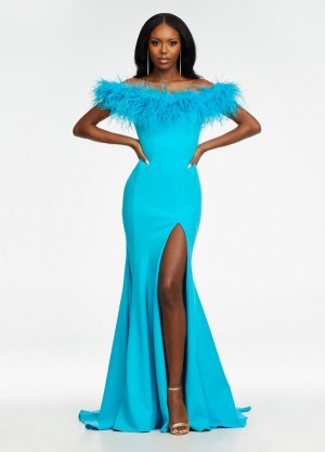 Ashley Lauren 11099 Feather Off Shoulder Scuba Gown
