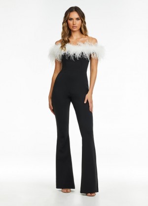 Ashley Lauren 11100 Feather Off Shoulder Jumpsuit
