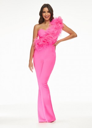Ashley Lauren 11106 Feather One Shoulder Jumpsuit