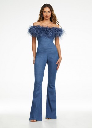 Ashley Lauren 11123 Feather Off Shoulder Denim Jumpsuit