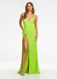 Image of Size 00 Yellow Ashley Lauren 11143 Sequin High Slit Prom Dress