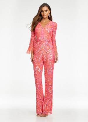 Ashley Lauren 11181 Fringe Bell Sleeve Beaded Jumpsuit