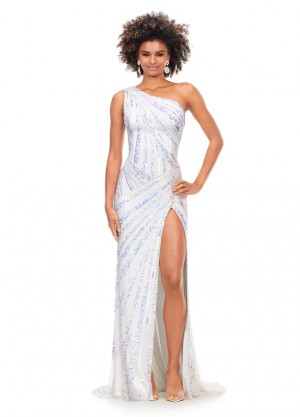 Size 12 Neon Blue Ashley Lauren 11244 One Shoulder Beaded Prom Dress