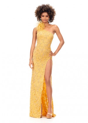 Ashley Lauren 11277 Feather One Shoulder Crystal Gown