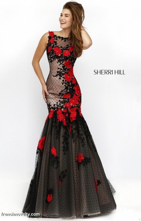 black prom dress with red accents