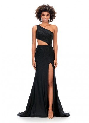Size 6 Black Ashley Lauren 11337 One Shoulder Cutout Prom Dress