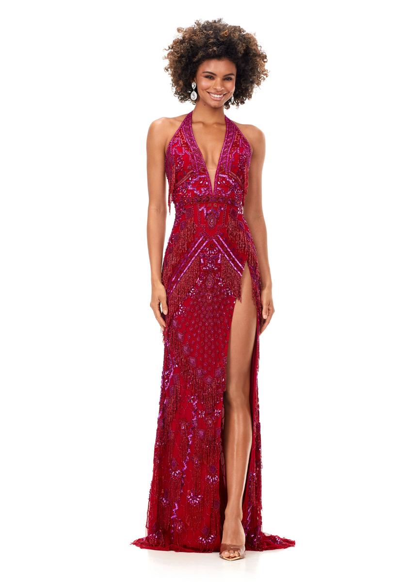 French Novelty Ashley Lauren 11341 Beaded Fringe Halter Gown