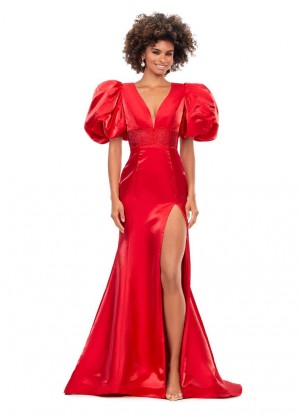 Ashley Lauren 11379 Puff Sleeve High Slit Prom Dress