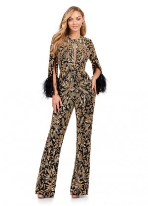 Ashley Lauren 11394 Feather Beaded Long Sleeve Jumpsuit