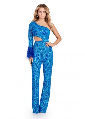 Ashley Lauren 11465 One Long Sleeve Stretch Sequin Jumpsuit
