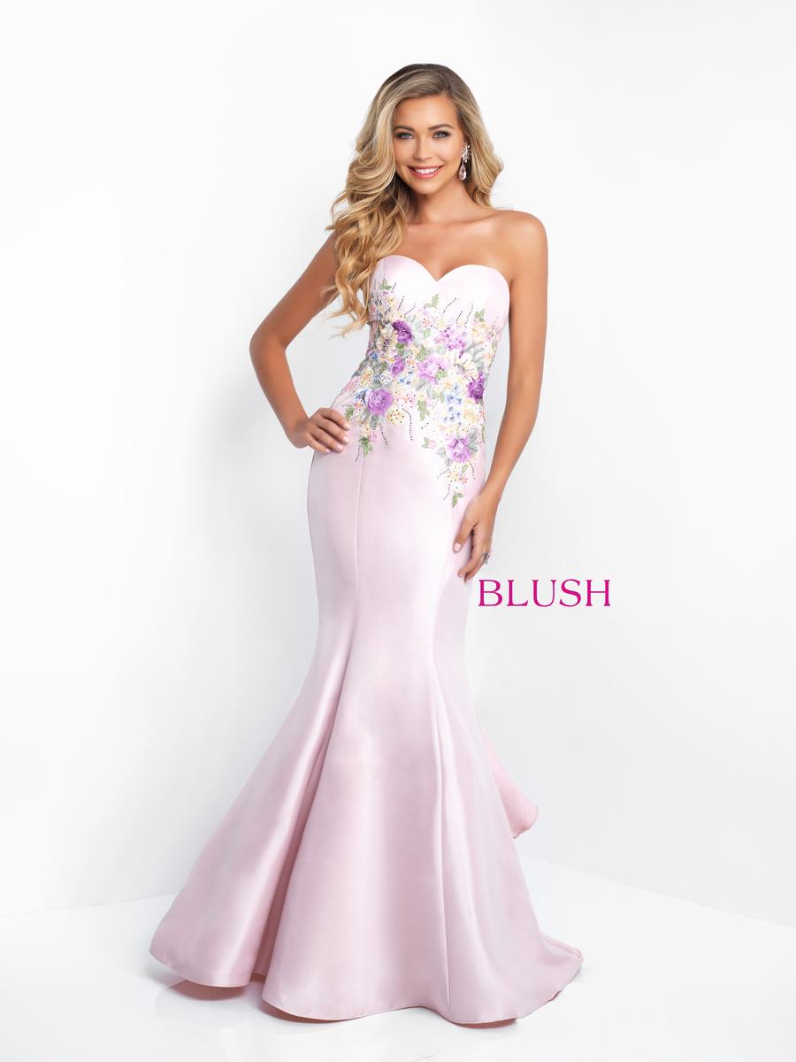 French Novelty Blush 11505 Floral Shimmer Prom Dress with Flounce