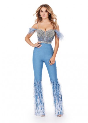 Ashley Lauren 11513 Beaded Feather Denim Jumpsuit