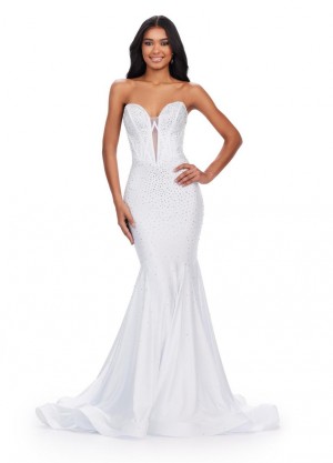 Size 2 White Ashley Lauren 11560 Classic Stones Mermaid Prom Dress