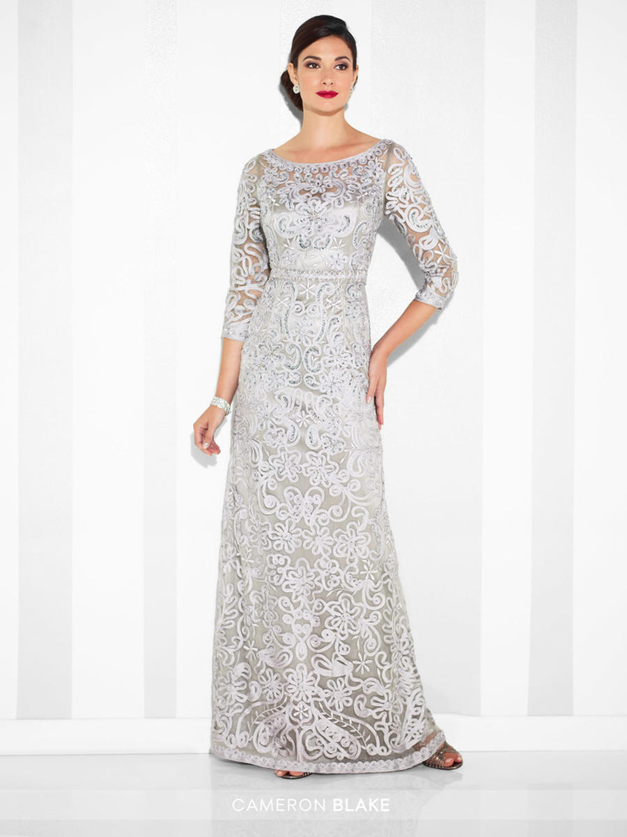 French Novelty: Cameron Blake 115604SL Ribbon on Tulle Gown with Sleeves, image size:900x1200