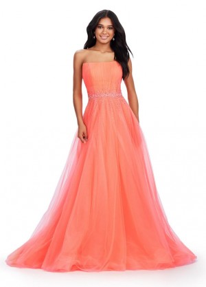 Size 6 Coral Ashley Lauren 11597 Ruched Top Glitter Tulle Prom Gown