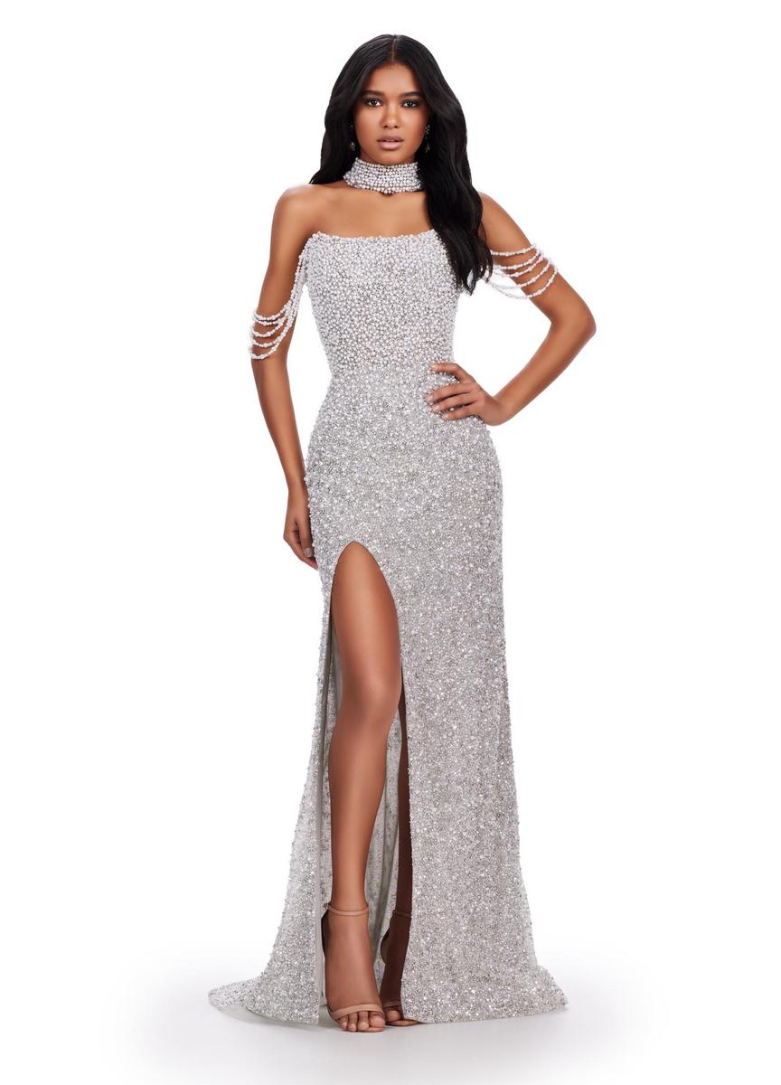 French Novelty: Ashley Lauren 11598 Pearl Crystal Gown with French Novelty: Ashley Lauren 11598 Pearl Crystal Gown with