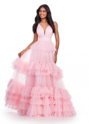Ashley Lauren 11620 V Back Tiered Ruffle Gown