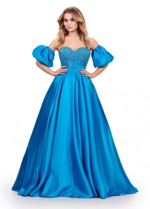 Size 4 Peacock Ashley Lauren 11642 Puff Sleeve Beaded Prom Gown