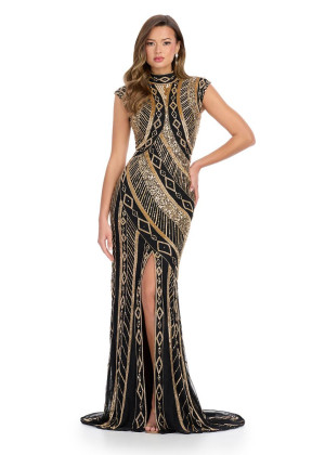 Ashley Lauren 11807 Beaded High Neck Cap Sleeve Gown