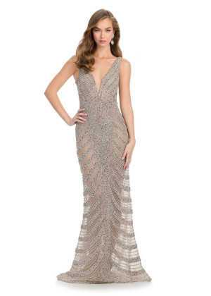 Ashley Lauren 12004 Ultimate V Neck Sheer Beaded Gown
