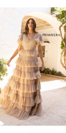 Primavera Couture 12058 Flutter Sleeve Tiered Ruffle Gown