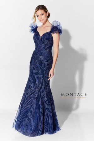 Size 12 Navy Blue Ivonne D 122D64 Puff Sleeve Mermaid Mothers Gown