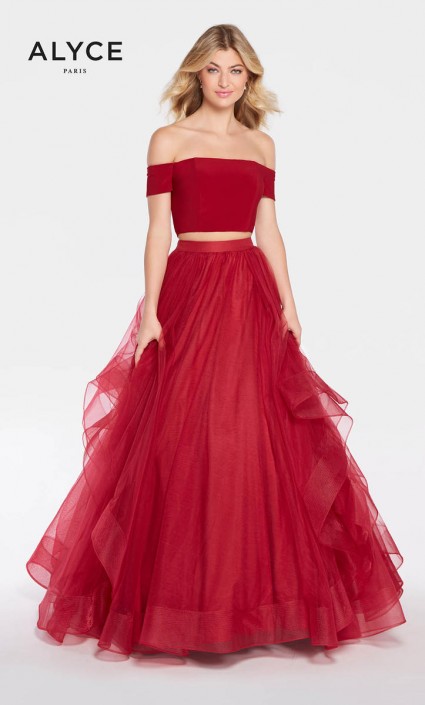 two piece off shoulder prom dress