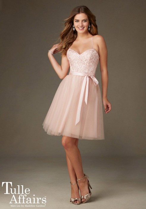 French Novelty Size 8 Blush Mori Lee Tulle Affairs 131 Short Bridesmaid Dress