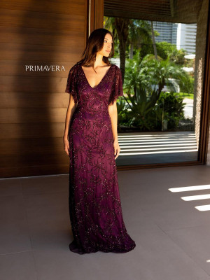 Primavera 13124 Flutter Sleeve V Neck Mothers Gown