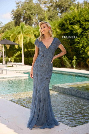 Primavera 13133 Beaded V Neck Cap Sleeve MOB Gown