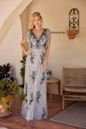 Primavera 13144 Flutter Sleeve Floral Beaded MOB Gown