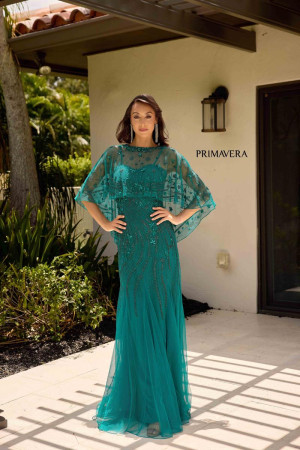Primavera 13145 Sheer Beaded Gown with Removable Cape