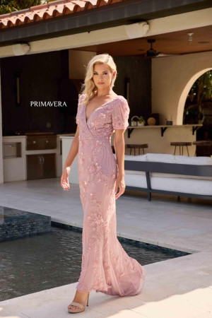 Primavera 13147 Floral Beaded Short Sleeve MOB Gown
